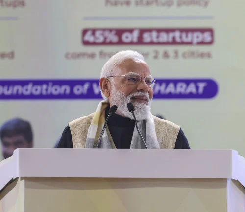 Gathering at the National Startup Day programme marking a decade of Startup India at Bharat Mandapam, in New Delhi on January 16, 2026. PM addressing on the occasion.