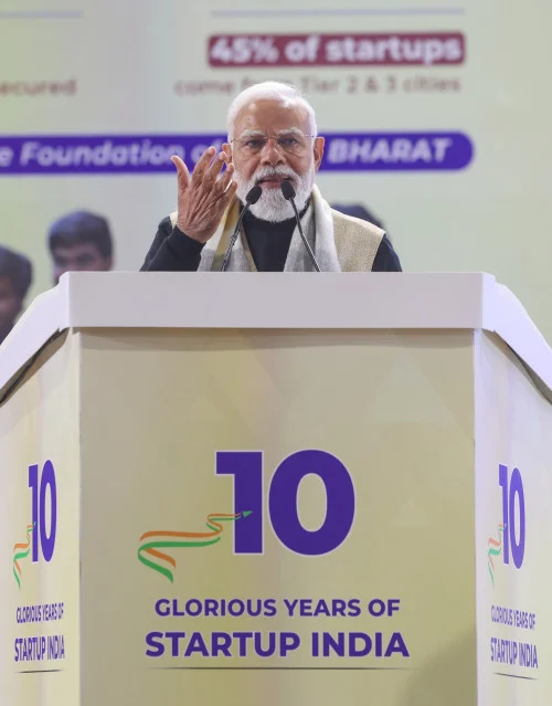 Gathering at the National Startup Day programme marking a decade of Startup India at Bharat Mandapam, in New Delhi on January 16, 2026. PM addressing on the occasion.