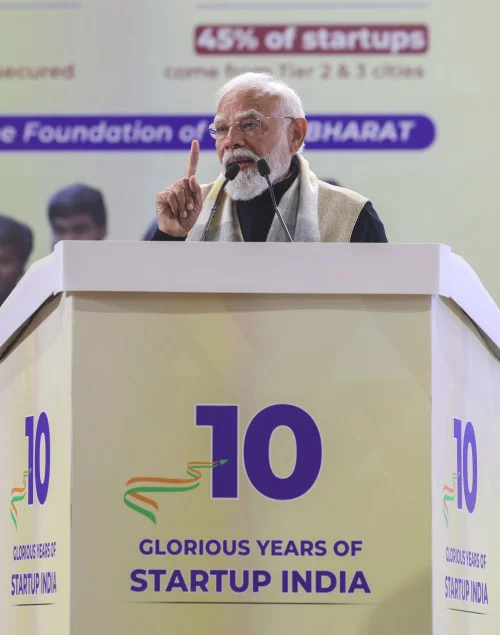 Gathering at the National Startup Day programme marking a decade of Startup India at Bharat Mandapam, in New Delhi on January 16, 2026. PM addressing on the occasion.