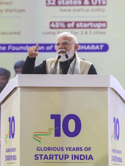 Gathering at the National Startup Day programme marking a decade of Startup India at Bharat Mandapam, in New Delhi on January 16, 2026. PM addressing on the occasion.